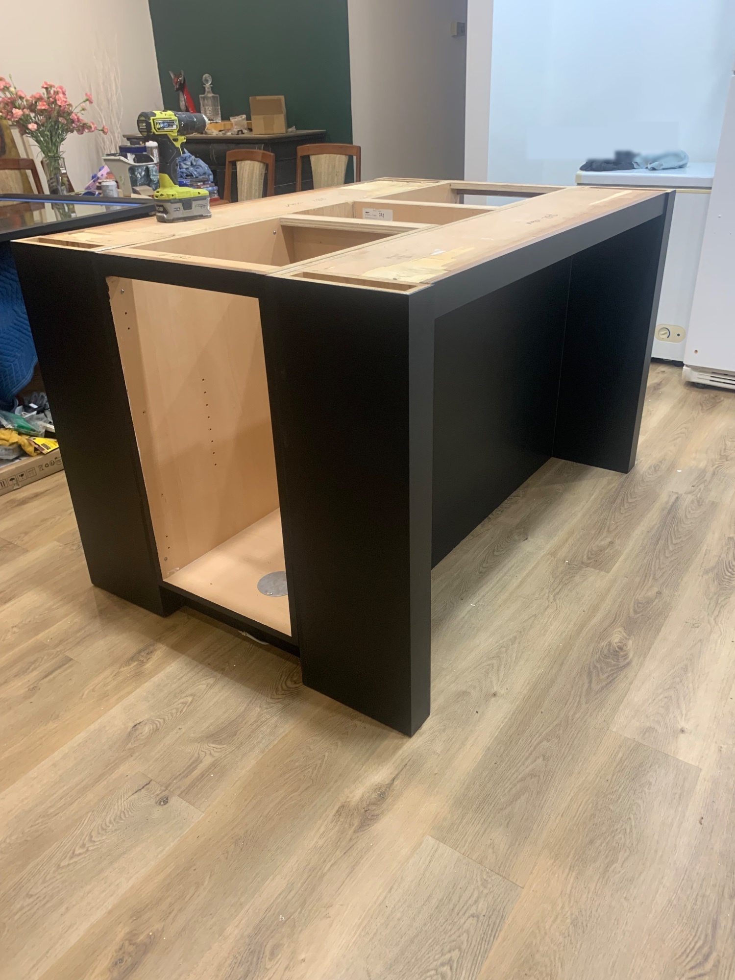 Kitchen island being built — custom cabinetry in progress